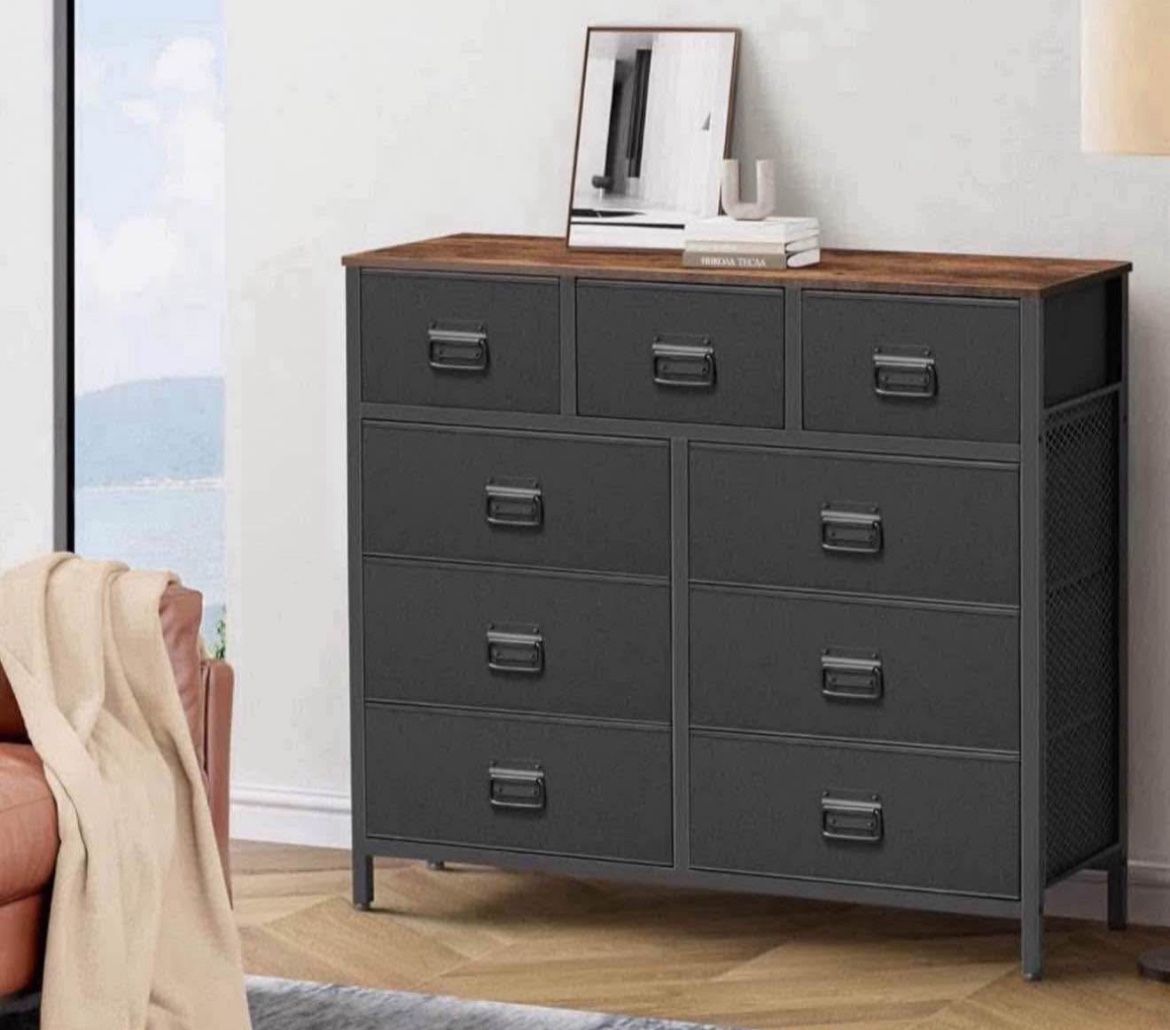 Dresser for Bedroom, Storage Organizer Unit with 9 Fabric Drawers, Chest of Drawers, Steel Frame, for Living Room, Entryway, Rustic Brown