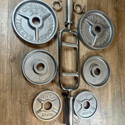 Triceps Bar With IVANKO Vintage Cast Iron Weight Plates  25s And 10s [ I’ll Throw In Pair Of 5s Diff/brand]