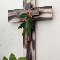 20"H X 12"W X 2-1/2"D 🌱Solid Wood Cross ::: Distressed Graphic Charcol/Still Gray/White