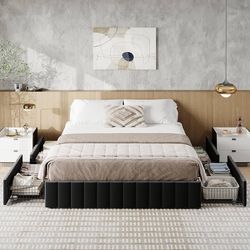 Queen Size Platform Bed Frame with 4 Large Storage Drawers, Velvet Vertical Channel Tufted Upholstered Bed Base, Wooden Slats Support, Noise-Free, No 