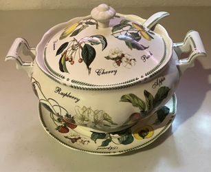 Vintage Botanical Fruit Collection Soup Tureen with Lid, Base Plate and Ladle