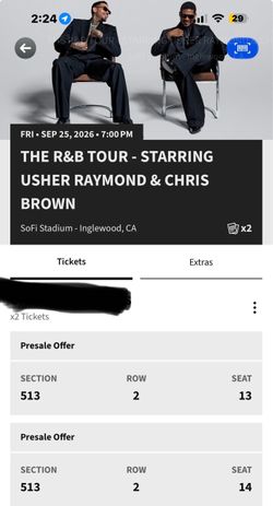 Usher & Chris Brown R&B Tour Tickets x2