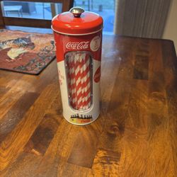 Coca-Cola Coke Retro Metal Tin Straw Holder Dispenser with 20 Paper Straws 