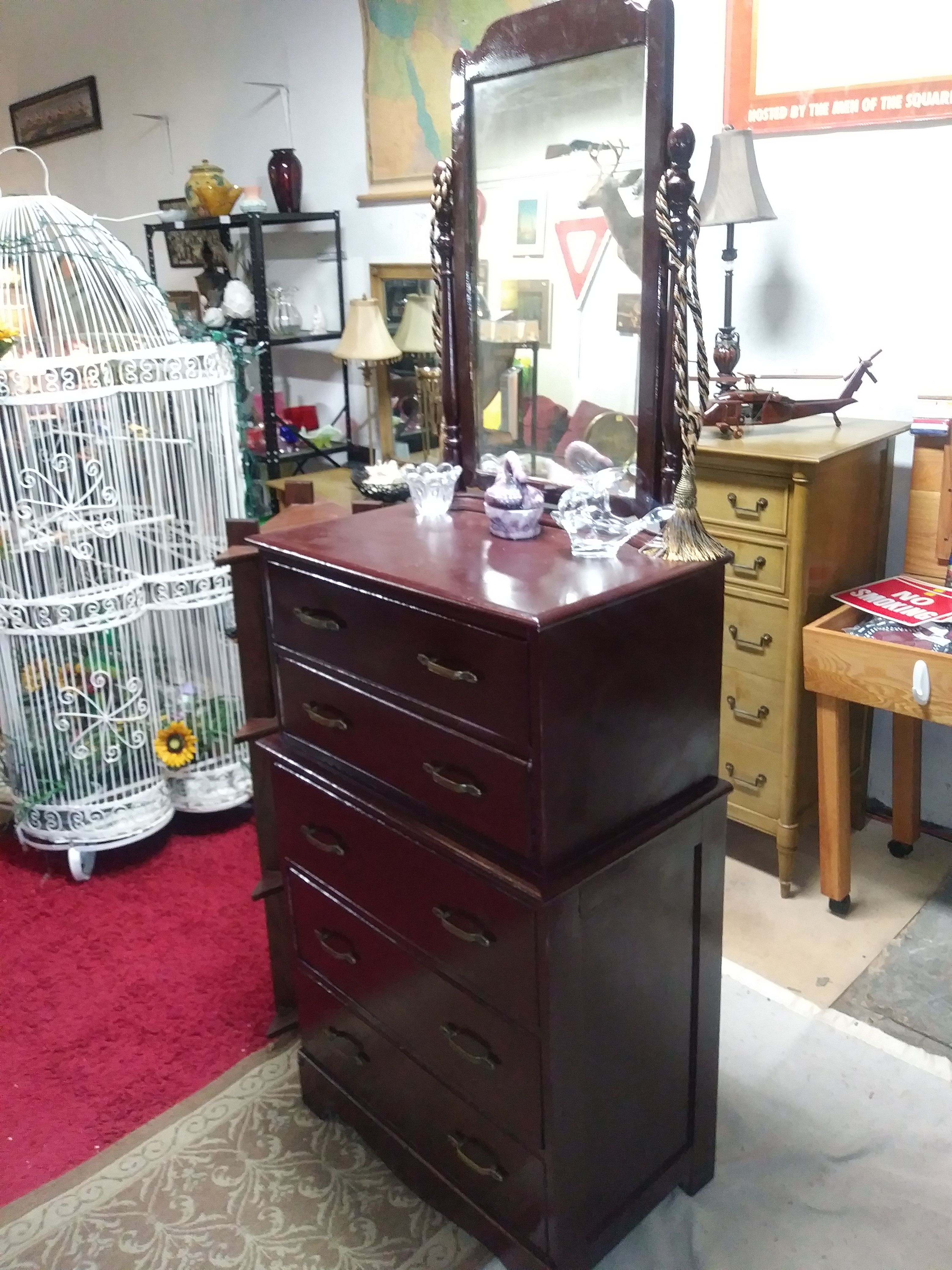 Tall 5 drawer vintage chest on chest, chest of drawers with mirror