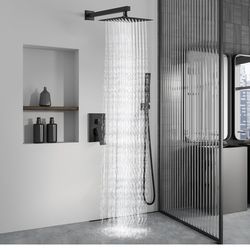 Shower Faucet Set Rain Shower System with Handheld Spray Bathroom Shower Combo Rough-in Valve and Shower Trim Kit Included Matte Black 8 Inch Wall Mou