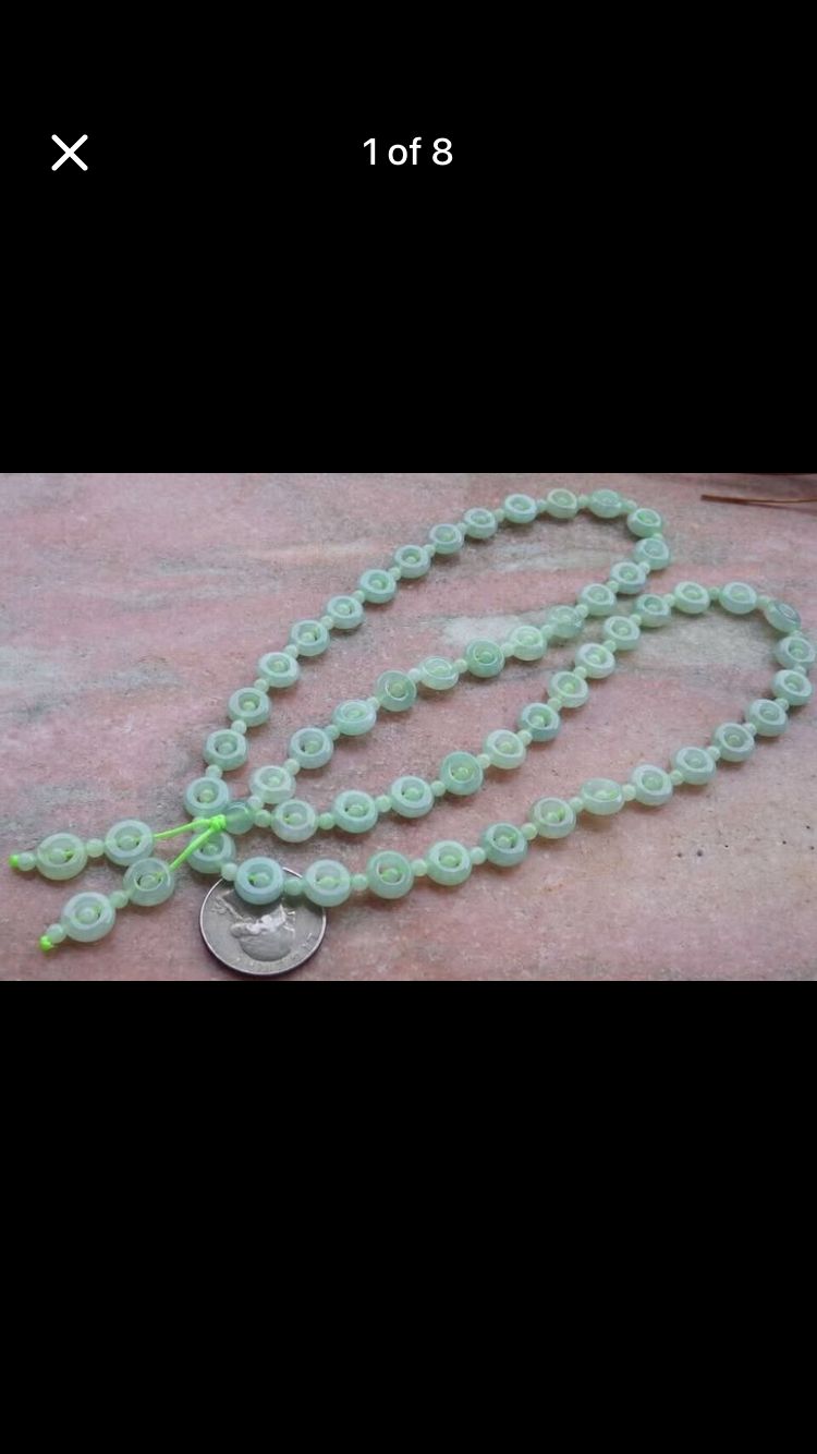 Certificate JADEITE Jade Hand Carved Green circle Beads elegant Necklace 26 inches