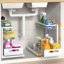 Under Sink Organizer Storage 2-Tier Premium Metal Pull-Out Kitchen Cabinet Organizer with Sliding Drawer, Height Adjustable, Heavy Duty for Kitchen & 