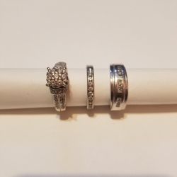14K  White  Gold  And diamond  3 piece ring set Engagement husband and wife   Married ring