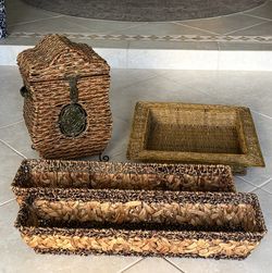 4Pc Rattan Wicker Chest, Tray and Baskets 