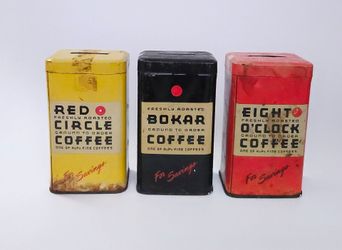 3 Vintage A&P Advertisement Tin Coin Coffee Banks - Eight O'Clock, Bokar & Red Circle