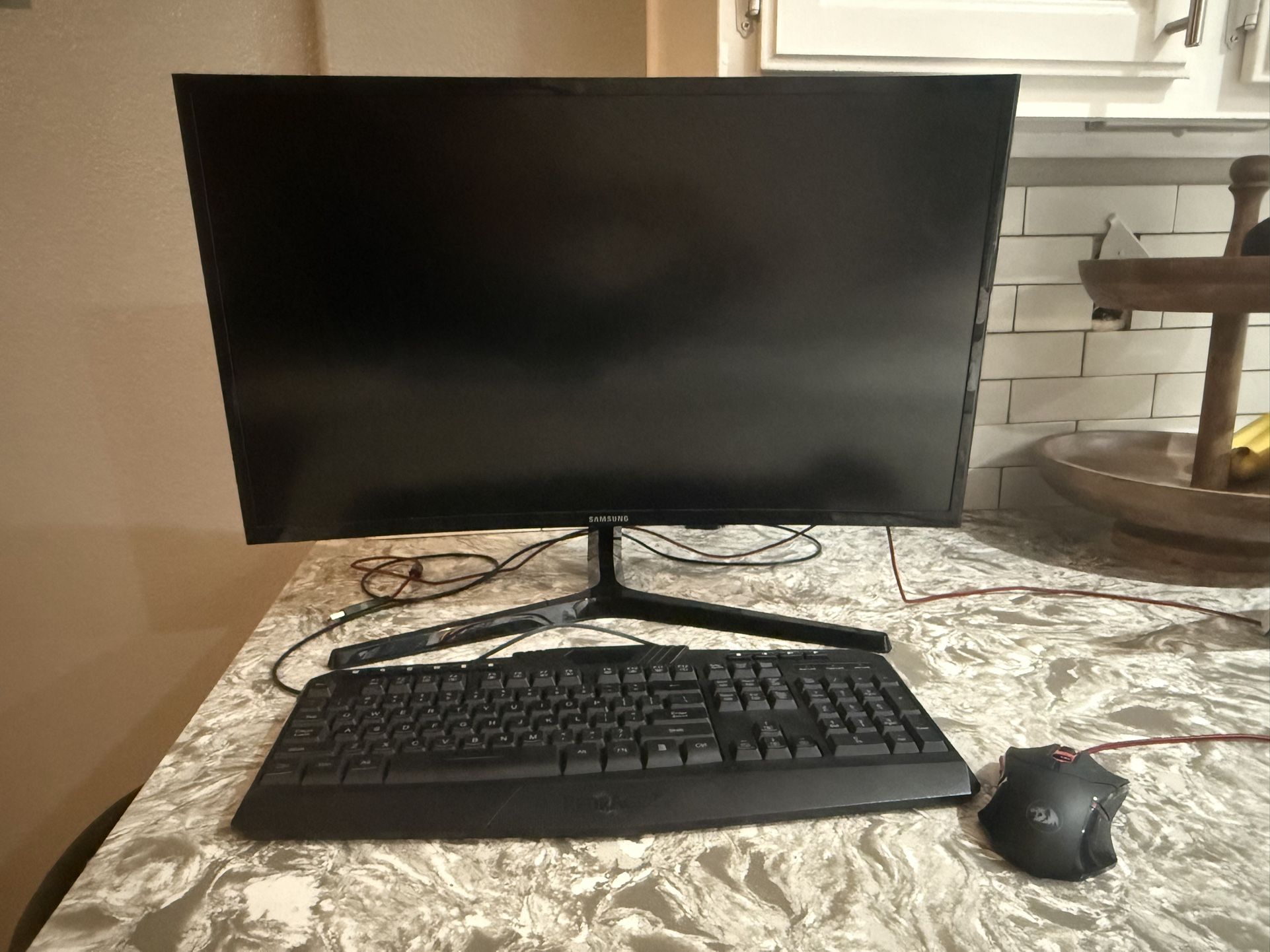 Gaming Chair, Monitor, Keyboard, Mouse And Walk Decor