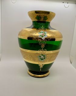 Beautiful Gold Gilded Czech Bohemian Emerald Green Large Vase