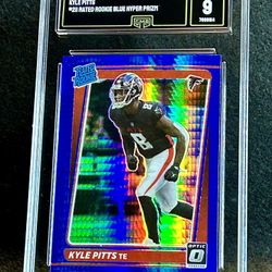 2021 Donruss Optic 💥 Kyle Pitts 💥 Rated Rookie Blue Hyper Prizm GMA 9 Mint 💎 - Atlanta Falcons