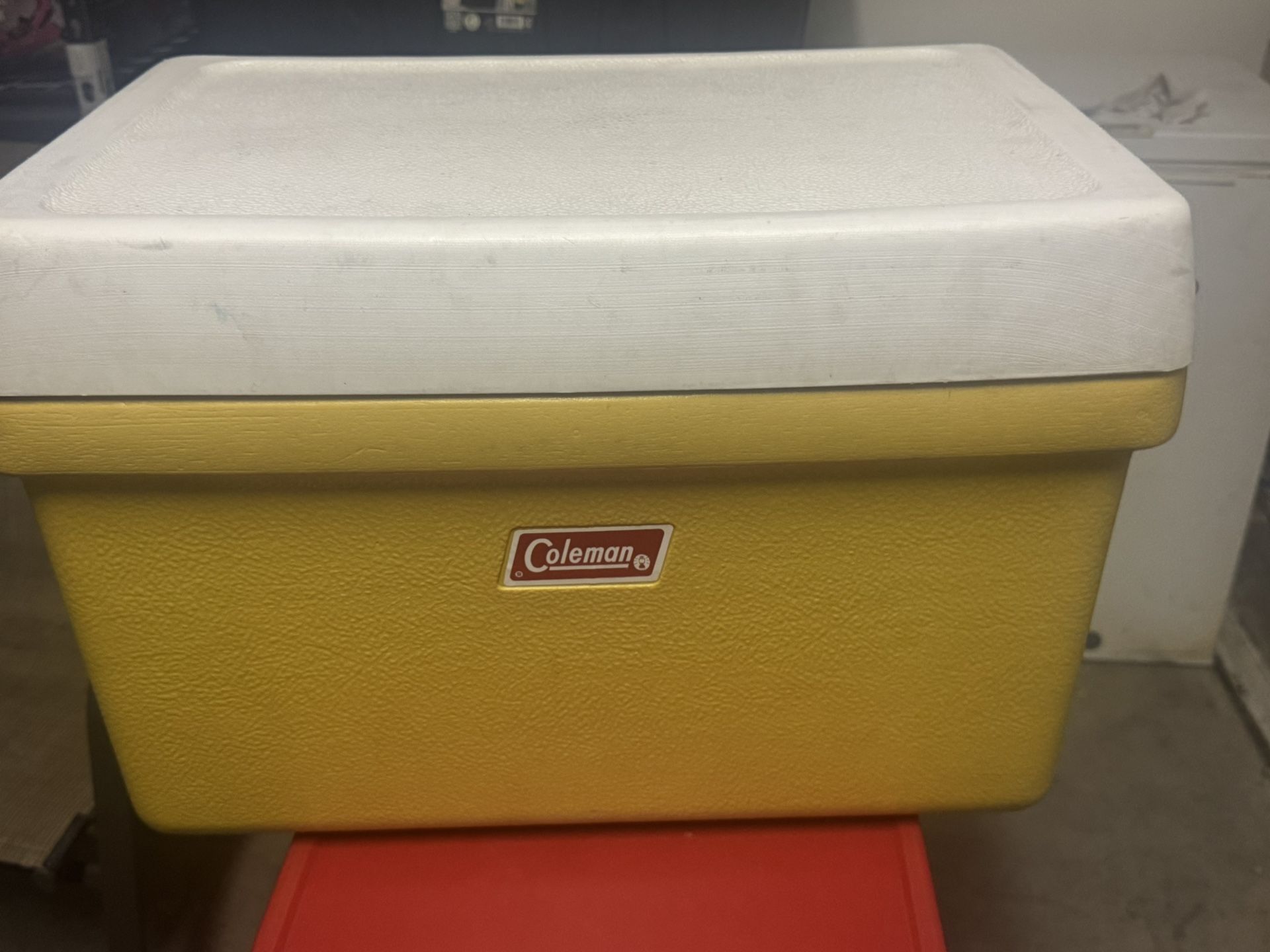 Vintage 70s Coleman Yellow Cooler Metal Handles Bottle Opener Retro