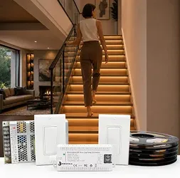 RW-24T LED Stair Lights Kit, 20 Steps, Warm White 3000K
3-Way Switch Control, 0-100% Dimmable Cuttable COB Strip, Plug-and-Play