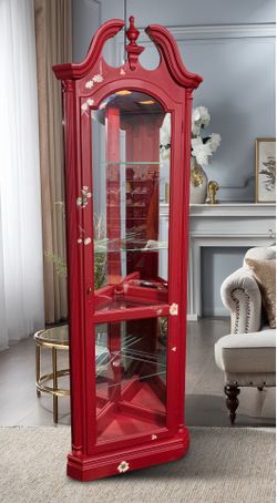 Lighted Wood and Glass Mirrored Display Corner Cabinet
