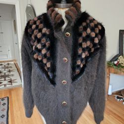 Angora And Mink Fur Cardigan Sweater Size S/m