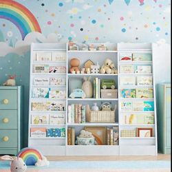 Kids Bookshelf Bookcase with 14 Sling Fabric Shelves, Book and Toy Organizer, B-9