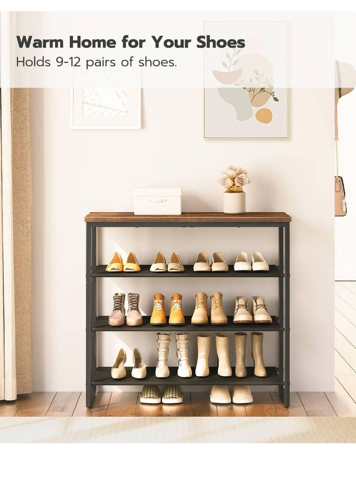 HOOBRO Shoe Rack, 4-Tier Shoe Storage Organizer with 3 Oxford Fabric Shelves and Top Panel, Holds 12-16 Pairs of Shoes for Entryway and Closet, Indust