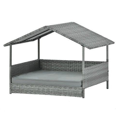 Outdoor Dog Bed with Sun Shade Canopy - All-Weather Wicker Style Elevated Pet Cot