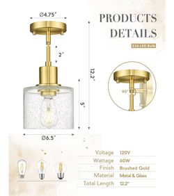 LMS Modern 1-Light Semi Flush Mount Ceiling Light, Brushed Gold Close to Ceiling Light with Seeded Glass Shade, Farmhouse Lighting for Hallway Corrido