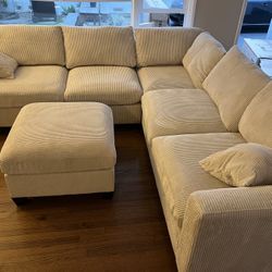 New Corduroy Fabric Off White / Beige Sectional.  99” X 99”.  Free Delivery!