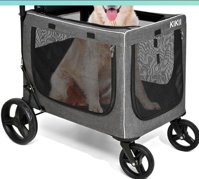 KIKII Extra Large Dog Stroller for Large & Medium Dogs, Adjustable Handlebar and Brakes, 4 Wheels, Reflective, Lightweight Folding, Breathable Mesh, 1