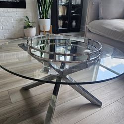  Round Glass Coffee Table And Mirrored Decorative Tray