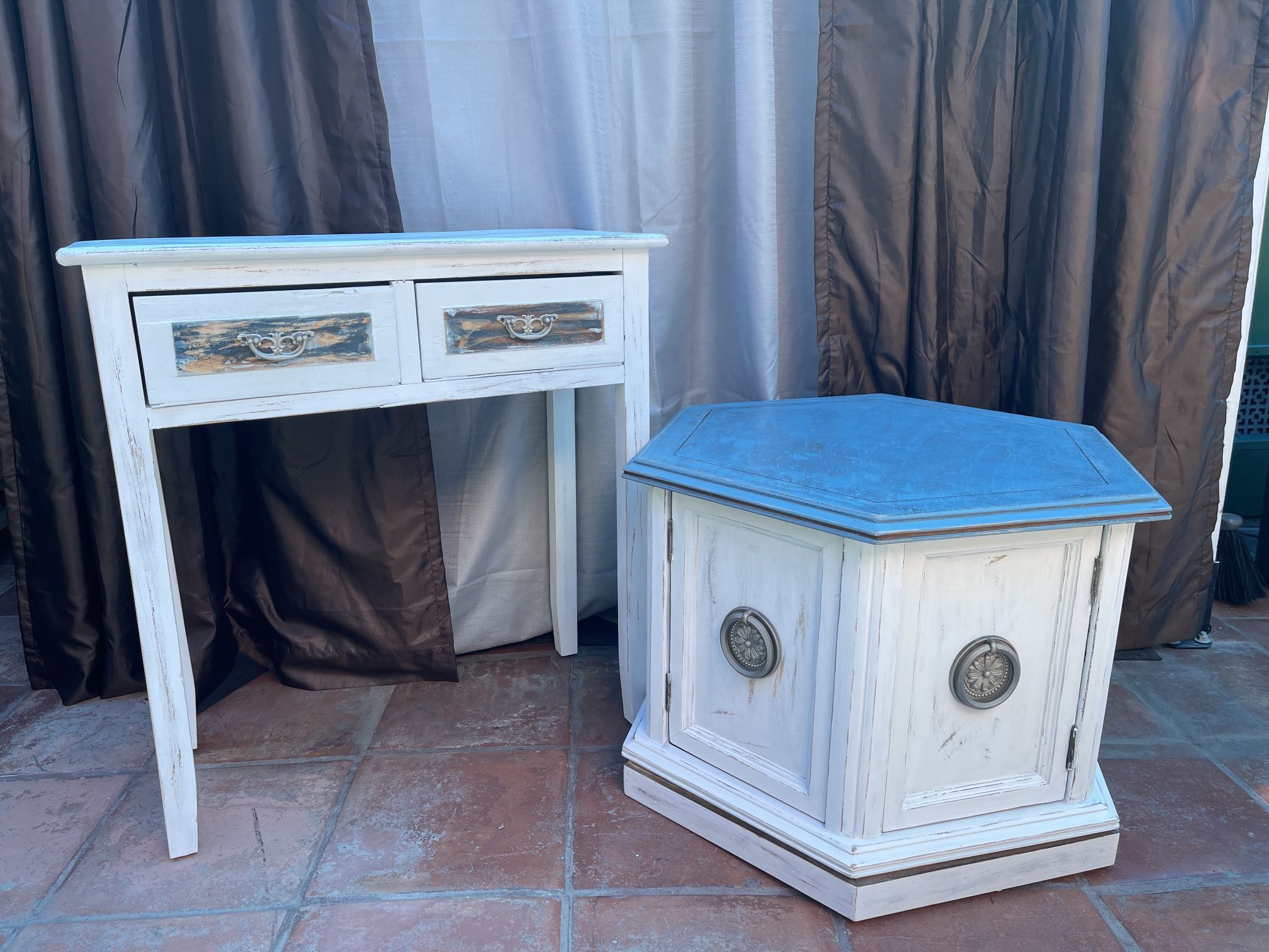 Side Table With Matching White/Blue Washed Hexagonal End Table