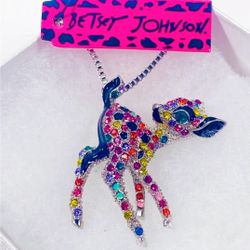 BETSEY JOHNSON "A RAINBOW DOE!" BEAUTIFUL CRYSTAL BAMBI BROOCH/NECKLACE COMBO BRAND NEW!