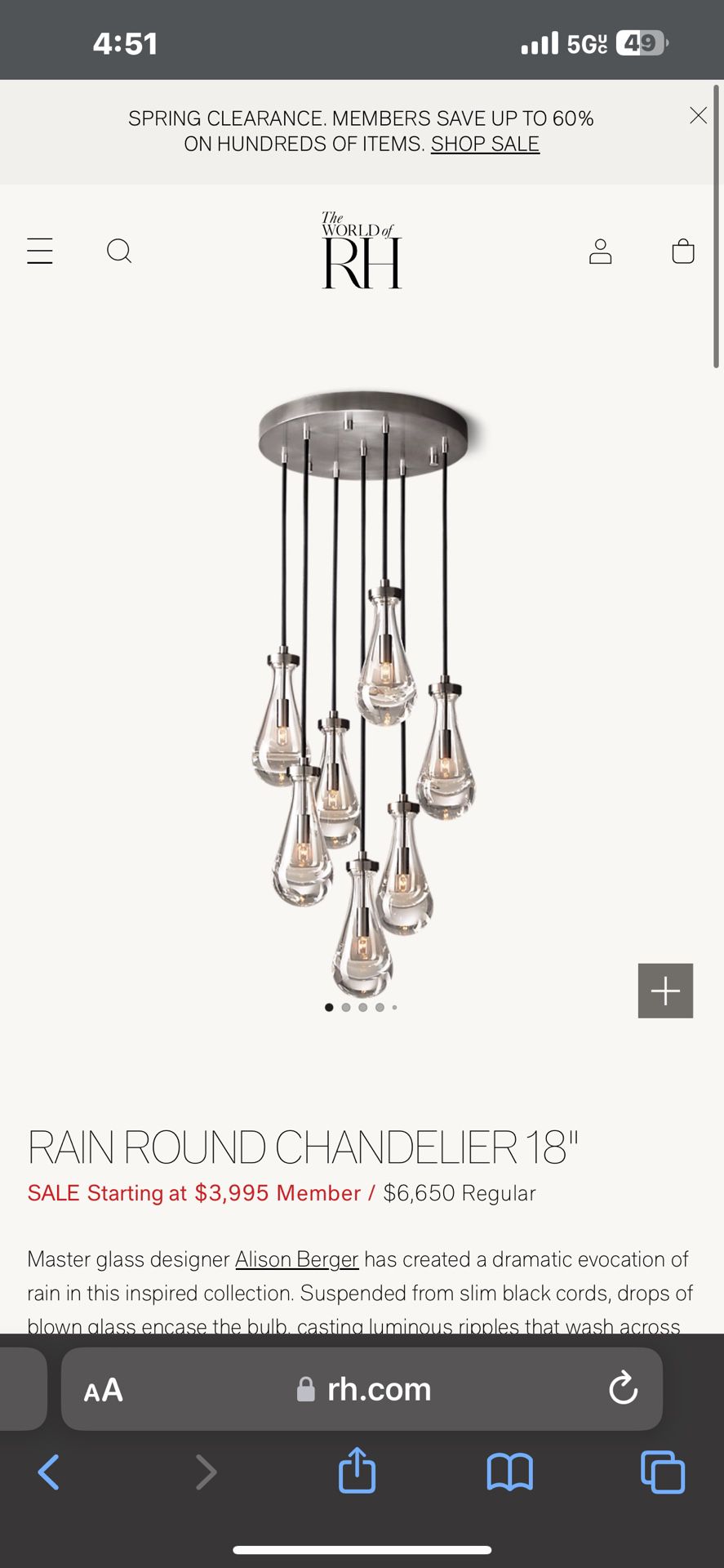 RH 18”  Rain Chandelier  New Open Box 