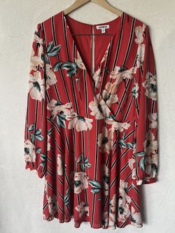 Express Floral Stripe Mini Dress L Long Sleeve Fit & Flare V Neck Boho Casual