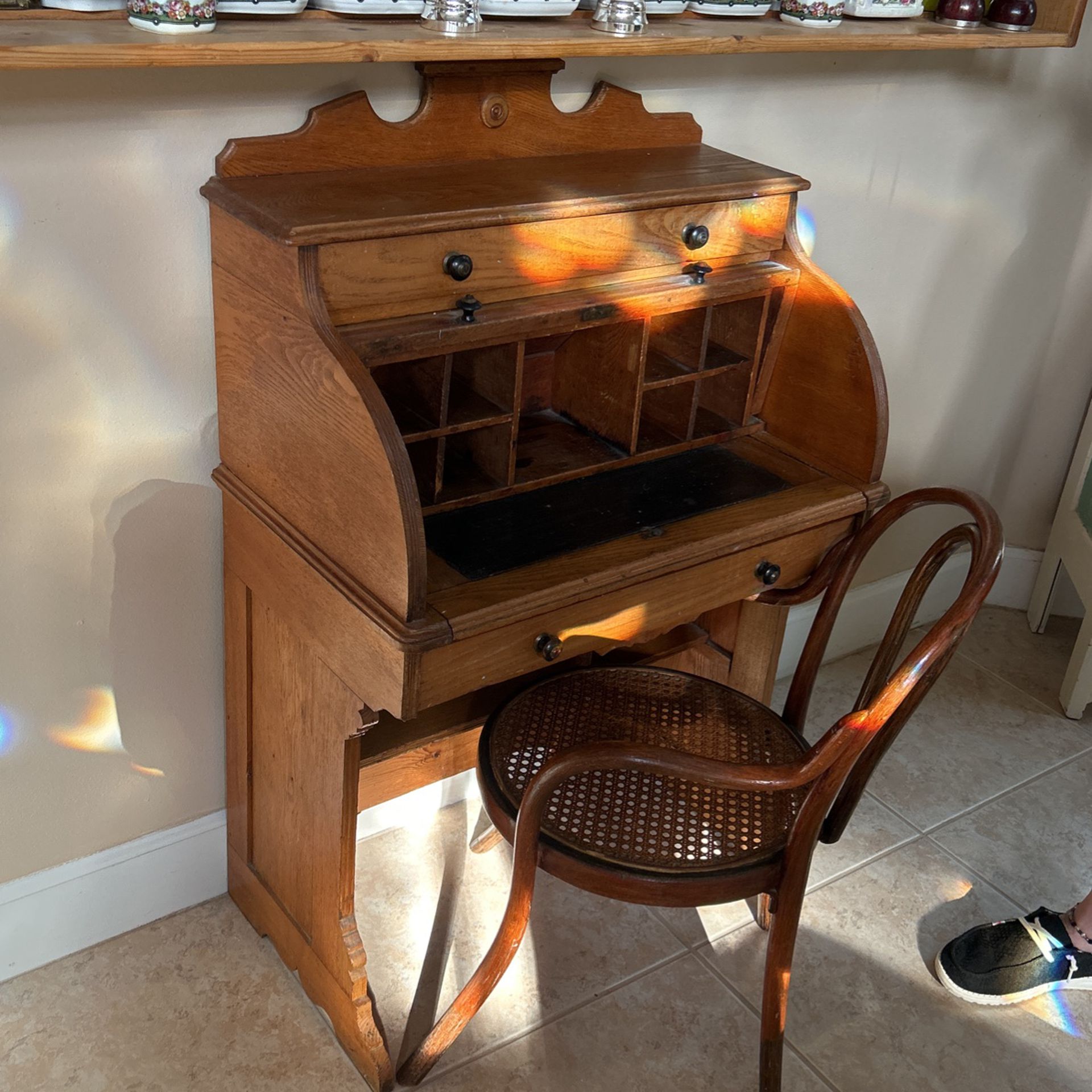 Antique Child’s Desk And Caned Chair