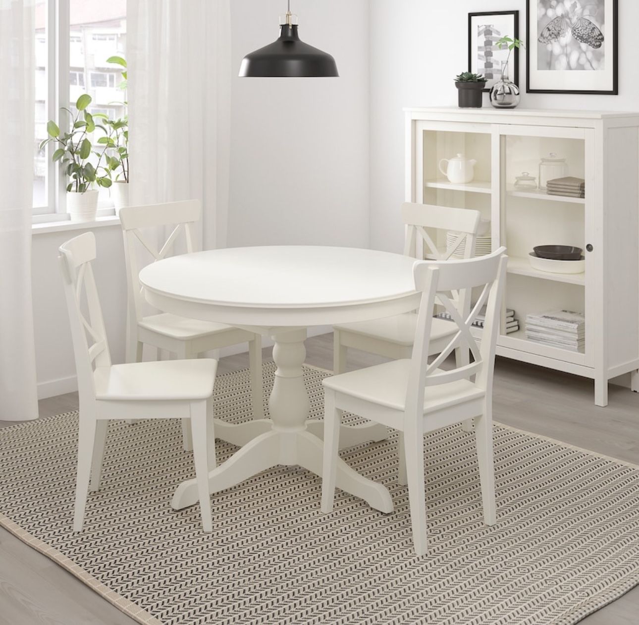 White Round Dining Room Kitchen Table and 4 chairs with self-storing, integrated butterfly extension leaf