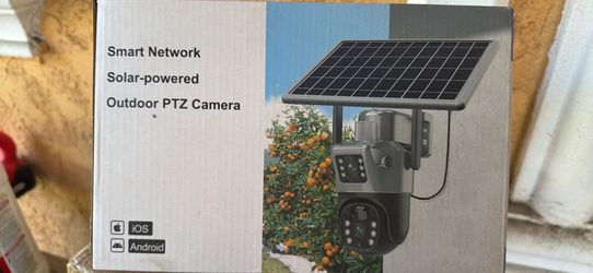 New smart network solar-powered outdoor PTZ camera. Has WiFi dual lens and built-in battery. Features easy installation, high definition (FHD), PIR de