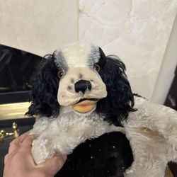 Vintage Steiff Black & White Lying Puppy Dog Happy Open Mouth 
