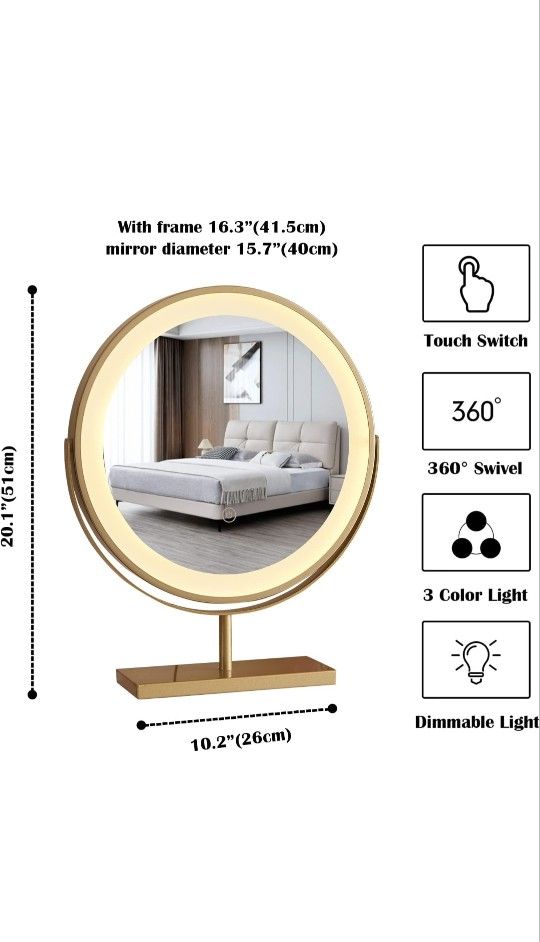 Gold Makeup Vanity Mirror with Led Lights Large Round, Smart Touch Control, 16 Inch