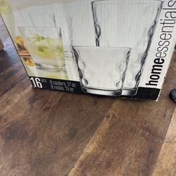 Lot of 16 glass cups tall on short  8 coolers 17oz and 8 rocks 13 oz