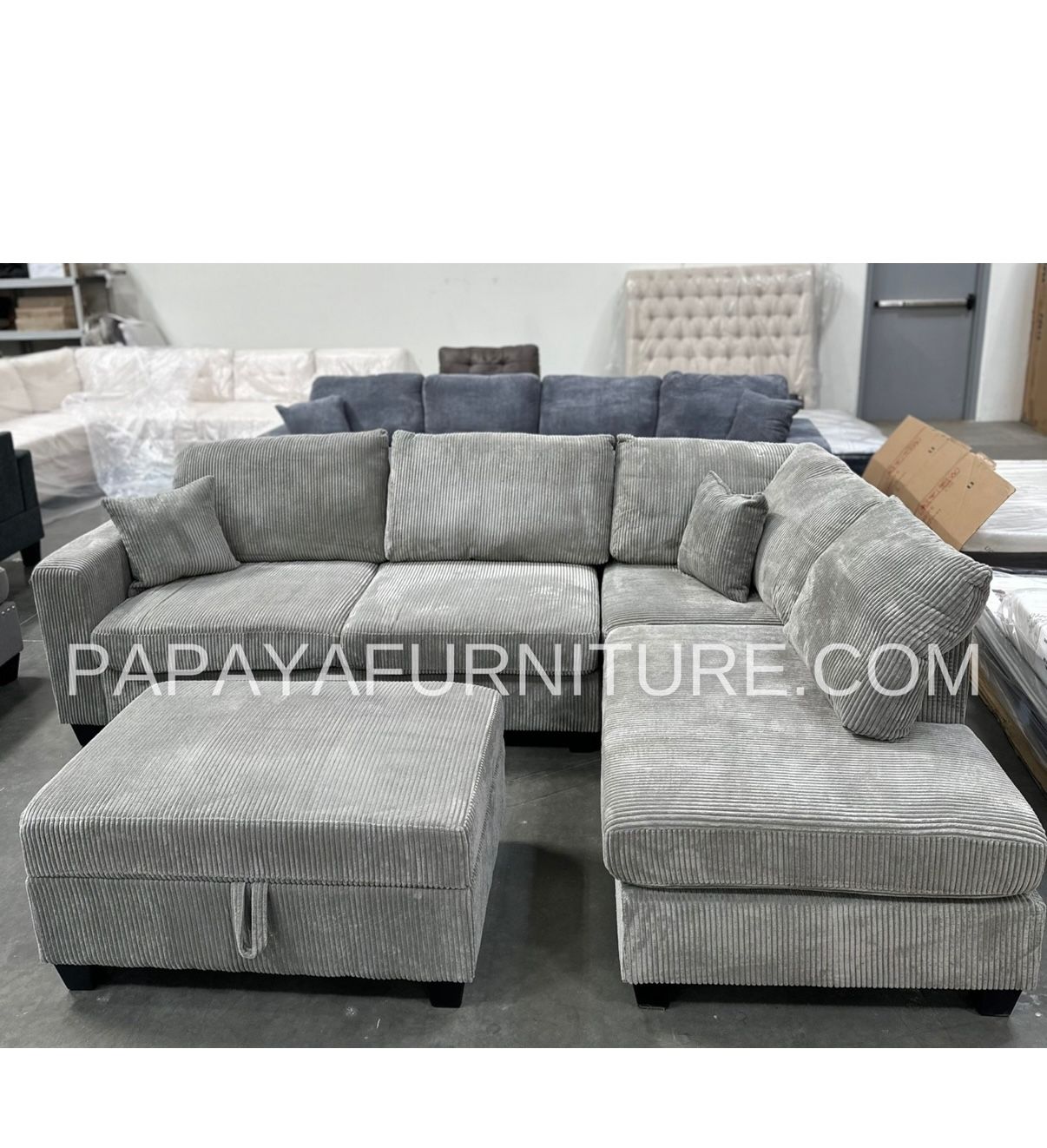 New 106” Plush Sectional Sofa With USB Charger,Cordoroy Couch, Grey Sofa, Grey Sectional, Grey Couch, Light Grey Sofa Couch And Storage Ottoman, Couch
