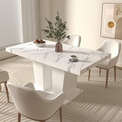 Z-78.74" White Faux Marble Extendable Dining Table for 8-10 Person, Modern Expandable Dining Room Table Large Rectangle Expanding Dining Table with 