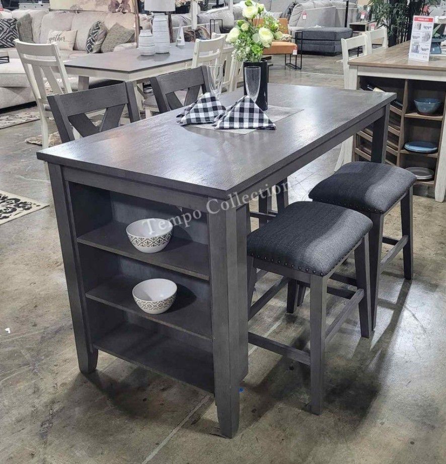 Gray Counter Height Dining Set 60x30x36 " Wirh 2 Chairs And 2 Stools