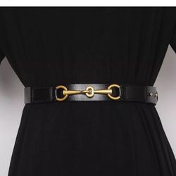 Women's Black Dress With Gold Tone Horsebit Belt 