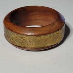 Wood Brass Bangle Bracelet Vintage Boho Hippie Jewelry