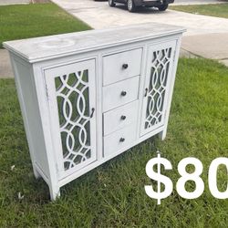 Distressed White 4-Drawer Sideboard with Mirrored Lattice Doors
