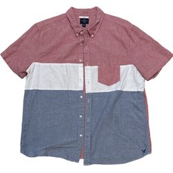 American Eagle Men’s Red White Blue Colorblock Short Sleeve Button Down Size XXL