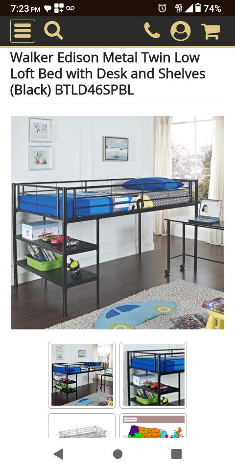 Walker Edison Metal Twin Low Loft Bed with Desk and Shelves