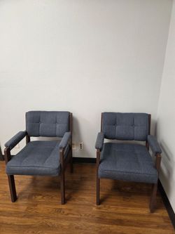 Set of Two Waiting Room Chairs blue seat and back, brown arms and legs