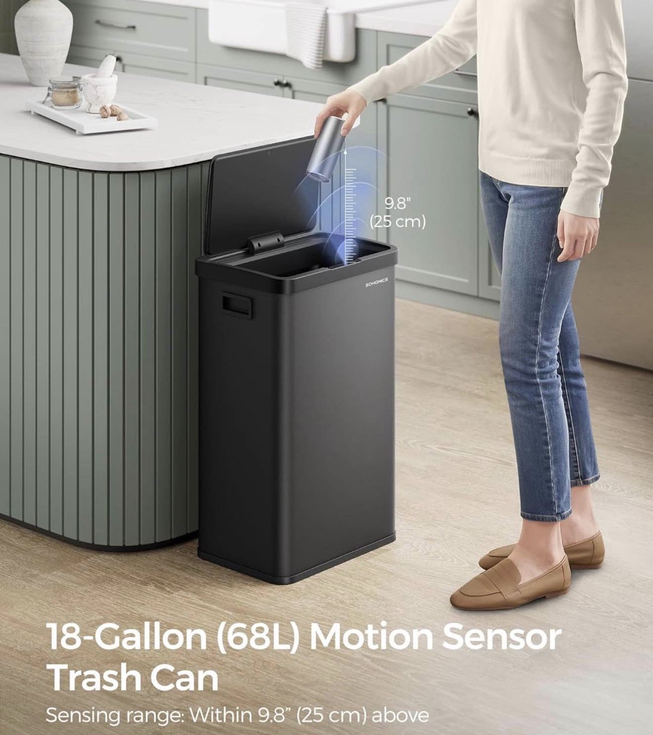 Motion Sensor Trash Can, 18-Gallon (68L) Automatic Kitchen Garbage Can with Stay-Open Lid, Soft Close, Stainless Steel, 15 Trash Bags Incl