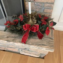 Holiday Poinsettia Candle Holder Centerpiece with Pinecones