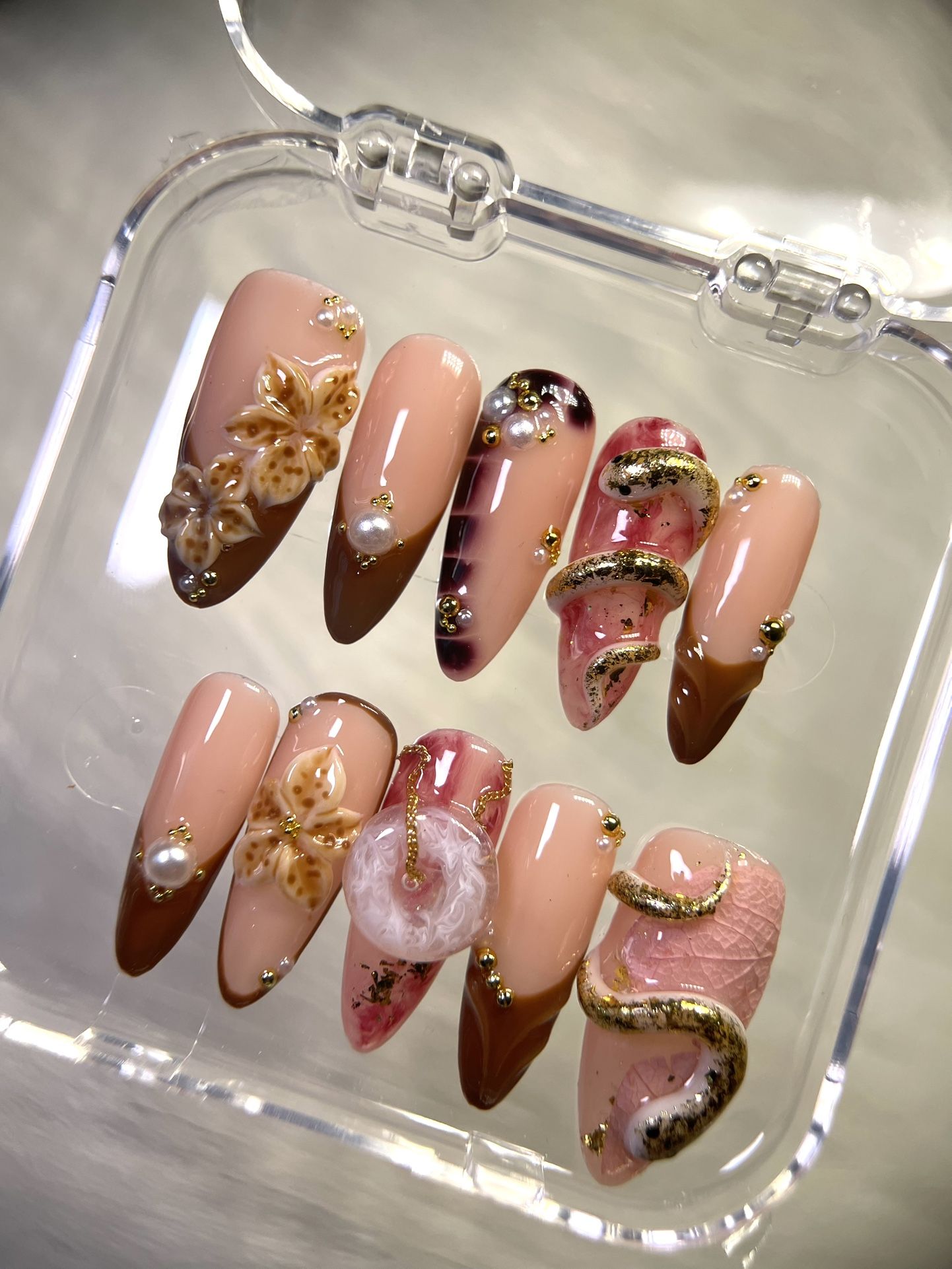 Luxury Handmade Press-On Nails - Nude Brown Marble with 3D Flowers & Pearls